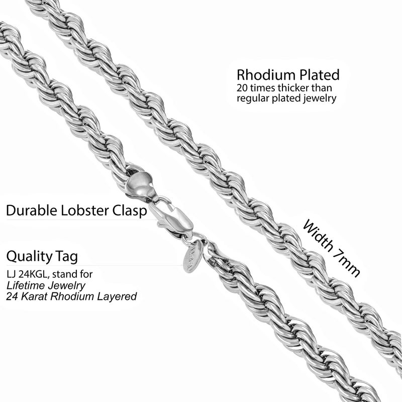 LIFETIME JEWELRY 7mm Rope Chain Necklace 24k Real Gold Plated for Men and Women (20 inches, 2 - White Gold Plated, 1) - Image 4